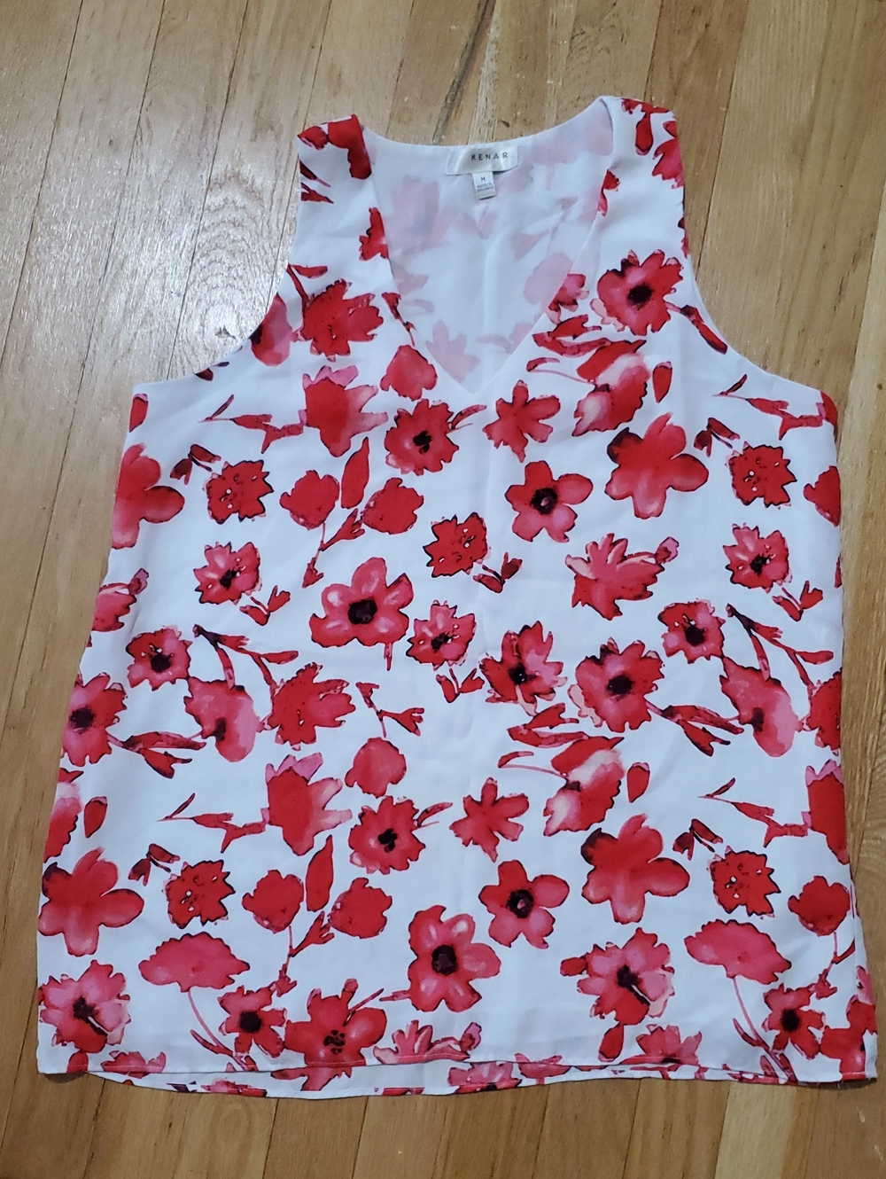 Kenar White V-Neck Sleeveless Top with Red Floral Print